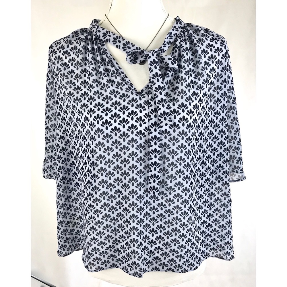 ANN TAYLOR Sheer Blue Print Bow Neck Blouse - Picture 1 of 5